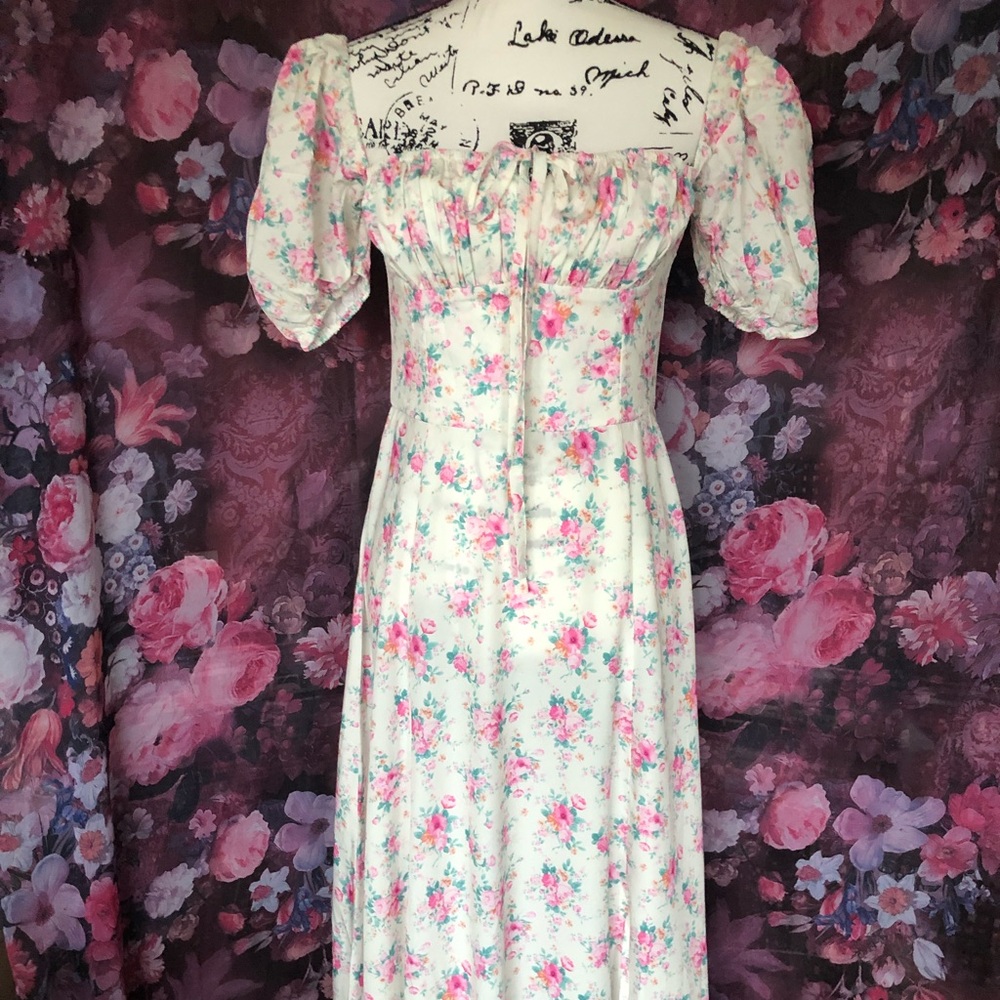 Floral dress puff sleeve summer flower slit long maxi cream gold women’s ruched - Picture 10 of 13